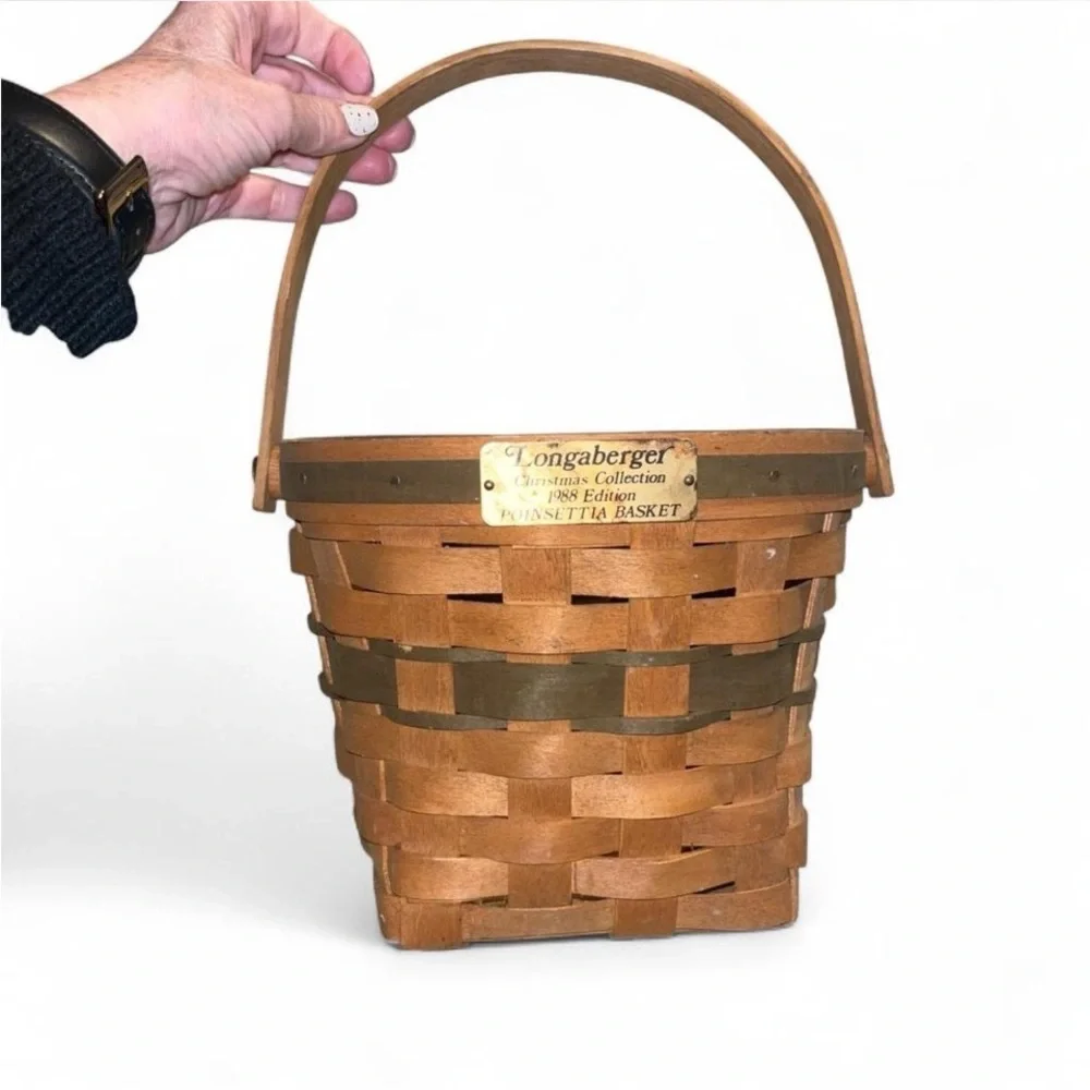 Longaberger Brown and Olive Woven Basket 1988 Christmas Collection Poinsettia